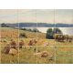 Ceramic tile mural with peasant woman harvesting among grain sheaves, mountain landscape in the background