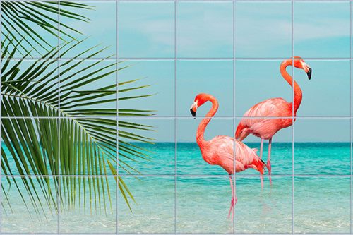 Ceramic tile mural with flamingos, sea and palm leaf