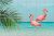 Ceramic tile mural with flamingos, sea and palm leaf