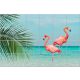 Ceramic tile mural with flamingos, sea and palm leaf