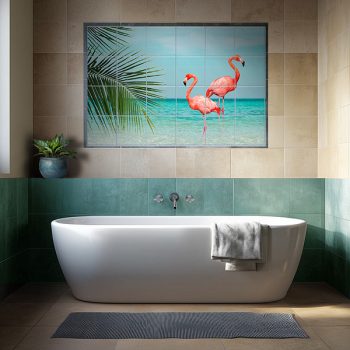 Ceramic tile mural with flamingos, sea and palm leaf