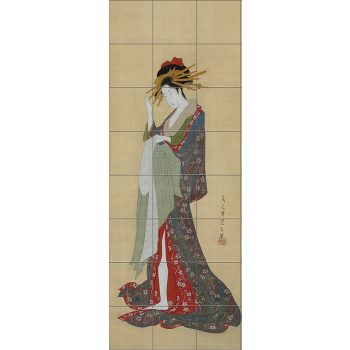 Japán nő kimonóban tevéllel – ukiyo-e stílusú gésás csempekép, gésa csempe