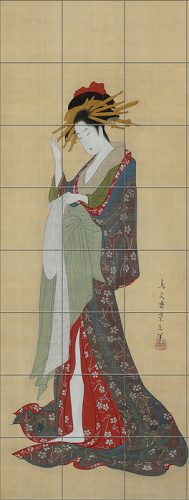 Japán nő kimonóban tevéllel – ukiyo-e stílusú gésás csempekép, gésa csempe