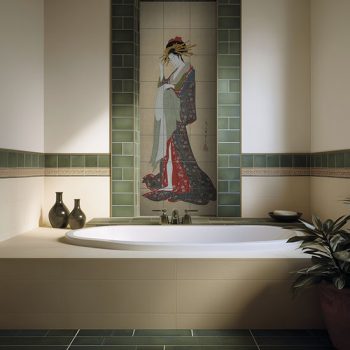 Japán nő kimonóban tevéllel – ukiyo-e stílusú gésás csempekép, gésa csempe