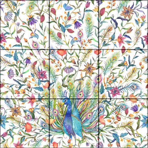 Csempekép mozaik - páva színes virágokkal