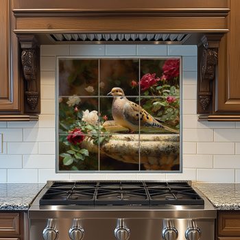 Mourning dove on an antique birdbath with red and cream roses, tile mural