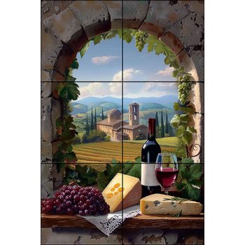 Ceramic tile with wine, grapes, cheese and Tuscan countryside with church and vineyards Ceramic tile with wine, grapes, cheese and Tuscan countryside with church and vineyards