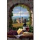 Ceramic tile with wine, grapes, cheese and Tuscan countryside with church and vineyards