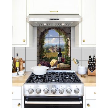Ceramic tile with wine, grapes, cheese and Tuscan countryside with church and vineyards