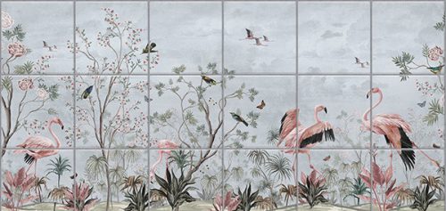 Flamingos and tropical birds among pastel plants – elegant tile mural