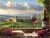 Tuscan vineyard with wine glass, cheese wedges, and grape clusters on a mosaic tile scene