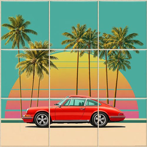 Tile mural - Palm trees and red Porsche