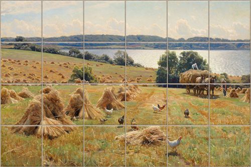 Ceramic tile mural with peasant woman harvesting among grain sheaves, mountain landscape in the background