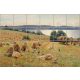 Ceramic tile mural with peasant woman harvesting among grain sheaves, mountain landscape in the background