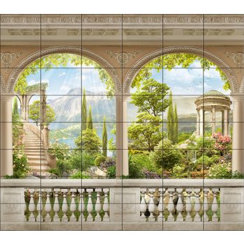 Mediterranean Tile Mural with Classic Terrace, Pavilion and Lake View Mediterranean Tile Mural with Classic Terrace, Pavilion and Lake View