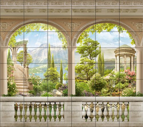 Mediterranean Tile Mural with Classic Terrace, Pavilion and Lake View