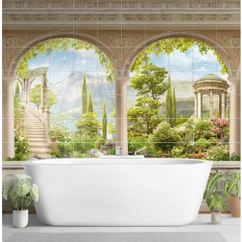Mediterranean Tile Mural with Classic Terrace, Pavilion and Lake View
