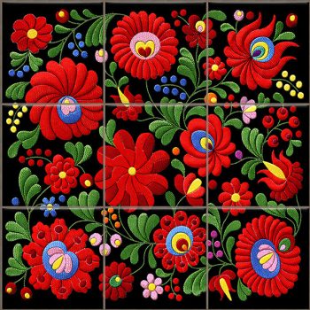 Ceramic tile with traditional Hungarian Kalocsa embroidery floral pattern