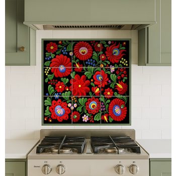 Ceramic tile with traditional Hungarian Kalocsa embroidery floral pattern