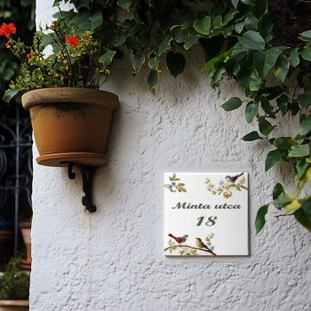Ceramic house number sign with bird branch leaf and flower motif