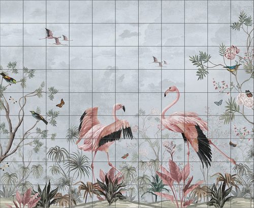 Flamingos and tropical birds among pastel plants – elegant tile mural