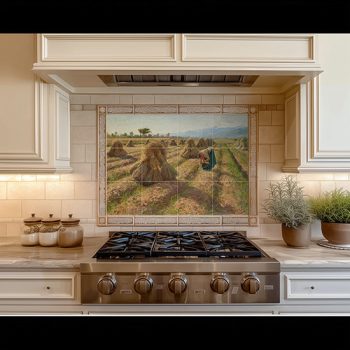 Tile mural with harvest scene, sheaves, peasant woman and mountains
