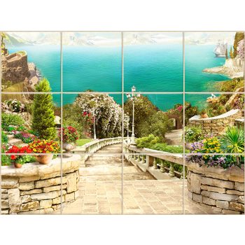 ceramic tile mural with mediterranean coastal path and flowers