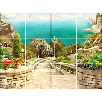 Mediterrán csempekép tengerre néző kőlépcsővel, virágos terasszal és növényekkel Mediterrán csempekép tengerre néző kőlépcsővel, virágos terasszal és növényekkel