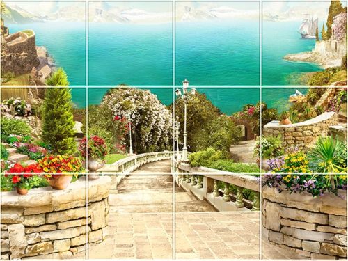 Mediterranean Tile Mural with Sea View and Stone Staircase