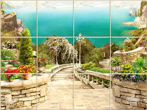 ceramic tile mural with mediterranean coastal path and flowers