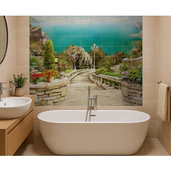 ceramic tile mural with mediterranean coastal path and flowers