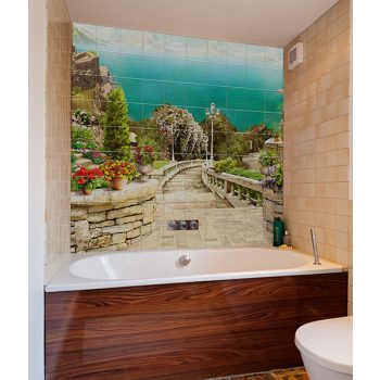 Mediterrán csempekép tengerre néző kőlépcsővel, virágos terasszal és növényekkel