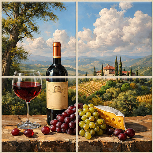 Ceramic tile mural of wine bottle, glass of red wine, grapes, cheese, and Tuscan vineyard landscape with villa and cypress trees
