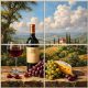 Ceramic tile mural of wine bottle, glass of red wine, grapes, cheese, and Tuscan vineyard landscape with villa and cypress trees