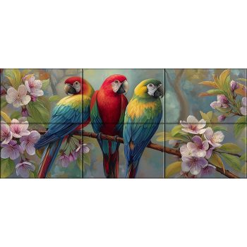 Three colorful parrots on blooming branch – tropical-themed tile mural Three colorful parrots on blooming branch – tropical-themed tile mural