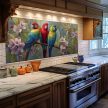 Three colorful parrots on blooming branch – tropical-themed tile mural