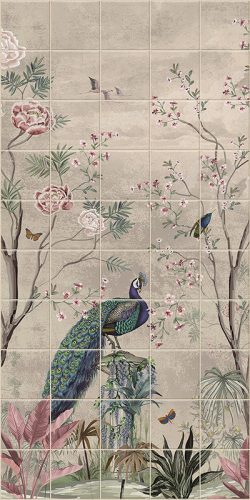 Ceramic tile mural with peacock, tropical birds, butterflies and blooming branches