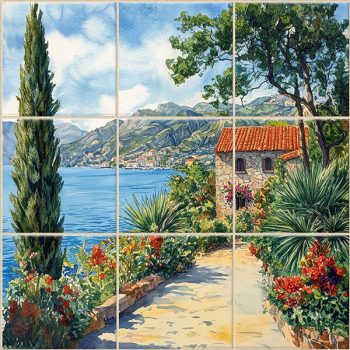 ceramic tile mural with mediterranean seaside path and stone house