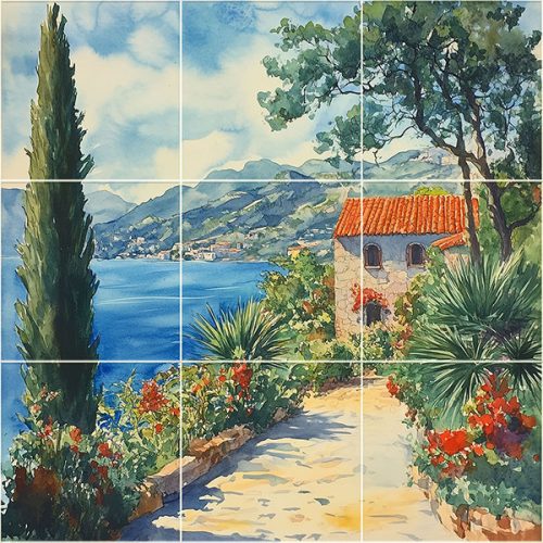 ceramic tile mural with mediterranean seaside path and stone house