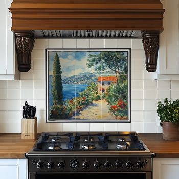 ceramic tile mural with mediterranean seaside path and stone house