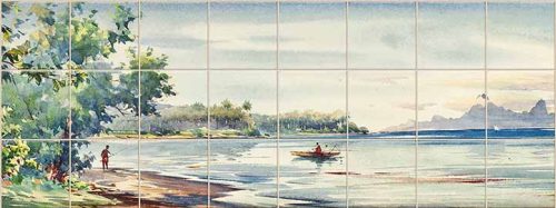 Fisherman in boat on tropical bay with palm trees and mountains ceramic tile mural