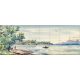 Fisherman in boat on tropical bay with palm trees and mountains ceramic tile mural