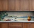 Fisherman in boat on tropical bay with palm trees and mountains ceramic tile mural