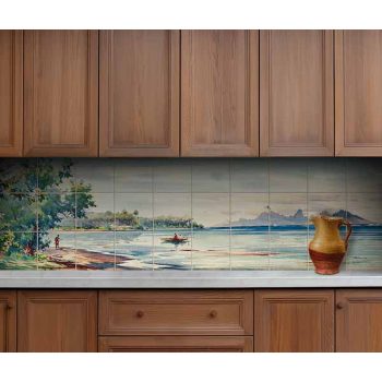Fisherman in boat on tropical bay with palm trees and mountains ceramic tile mural