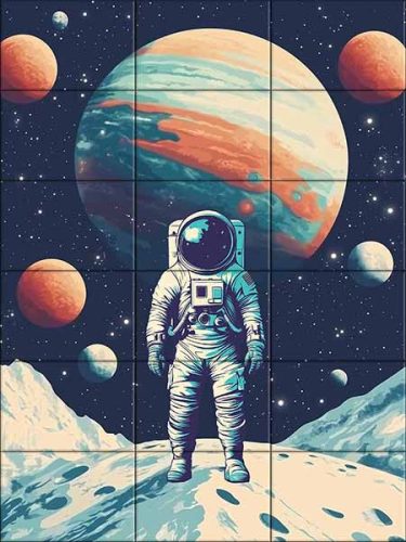 Csempekép űrhajóssal idegen bolygón, színes planéták előtt – sci-fi dekorcsempe