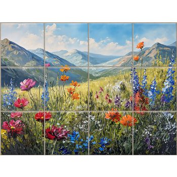 Vadvirágos rét hegyekkel – kerámia csempekép dekorcsempe Vadvirágos rét hegyekkel – kerámia csempekép dekorcsempe