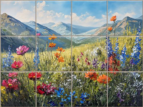 Mountain landscape with wildflowers – ceramic tile mural decor tile