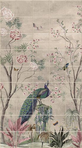 Ceramic tile mural with peacock, tropical birds, butterflies and blooming branches