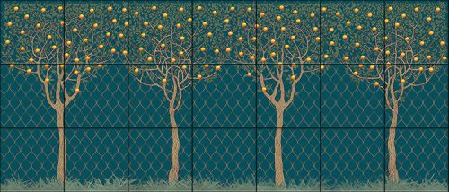 Minimalist-style ceramic tile mural featuring four stylized orange trees with a dark green trellis background