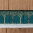Minimalist-style ceramic tile mural featuring four stylized orange trees with a dark green trellis background